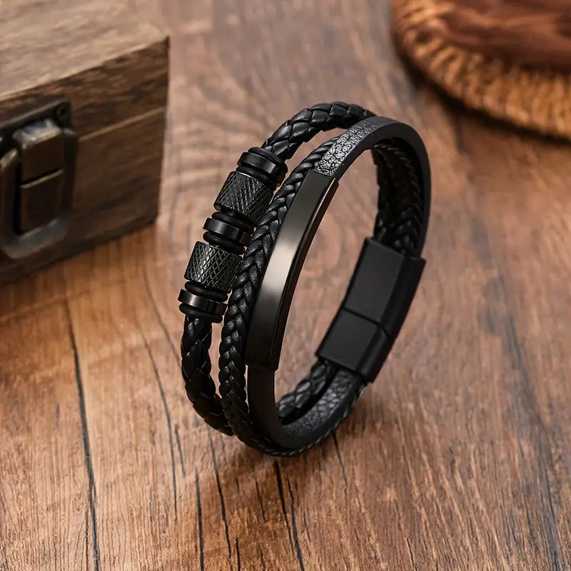 Mens Vintage Layered Faux Leather Bracelet Luxurious